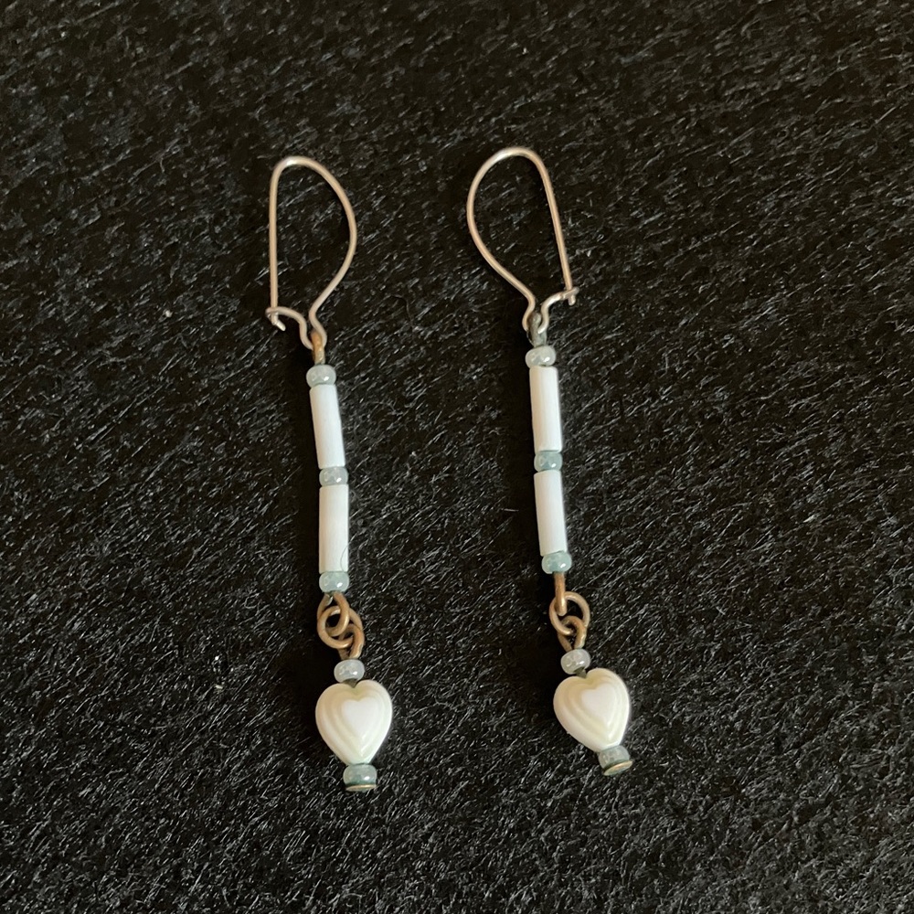 Vintage earrings beaded hearts  drop white and blue heart minimalist Handmade